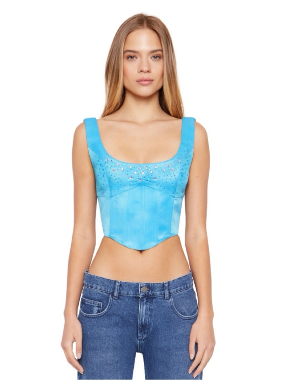 Guizio Blue Embellished Corset Crop Top